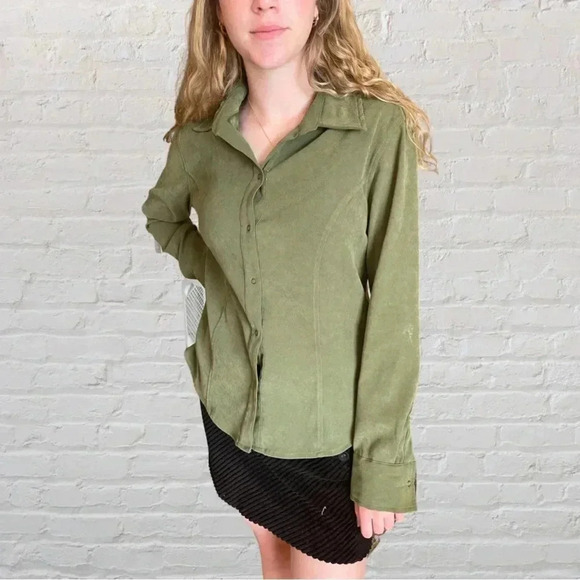 Joanna Sage Green Stretch Button Down Shirt | Soft Knit Collared Long Sleeve Top - Picture 4 of 10